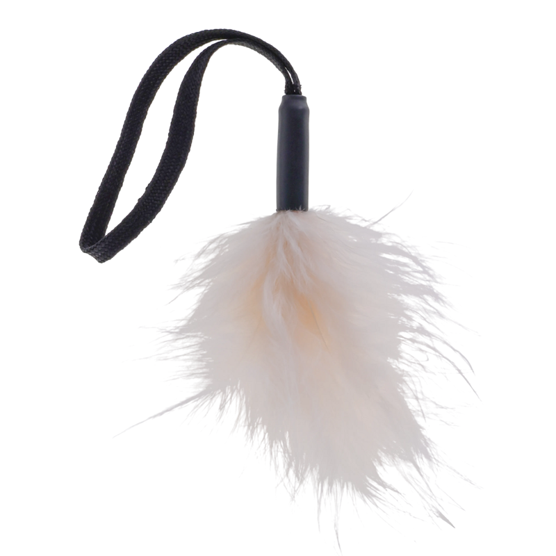Wrist feather tickler with a black cord and soft cream feathers.