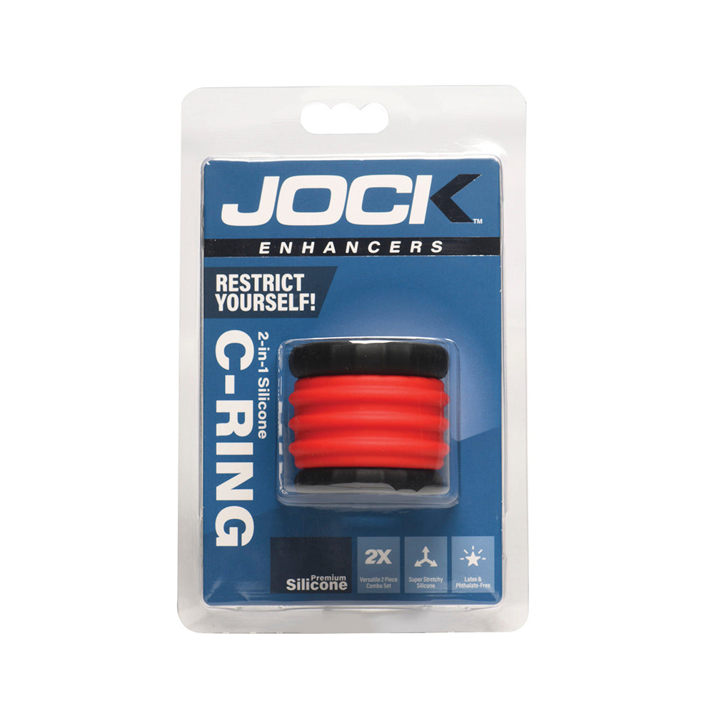 A red and black 2-in-1 silicone cock ring and ball stretcher set.