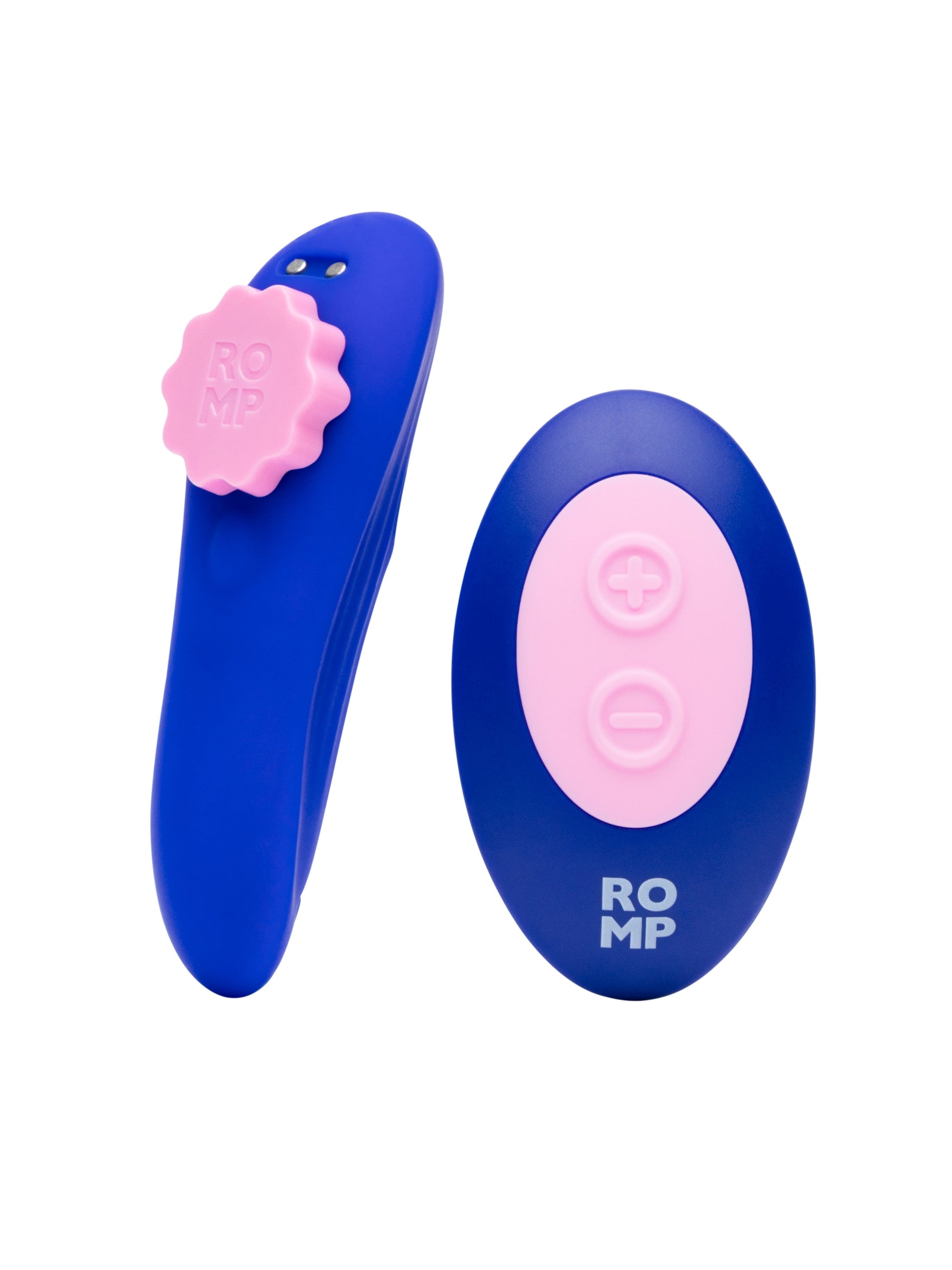 Blue and pink remote control panty vibrator with ROMP logo.