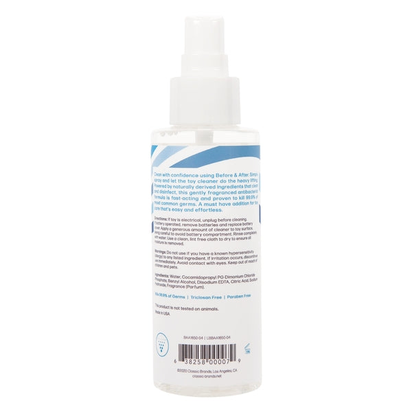 A 4oz bottle of Before & After antibacterial toy cleaner spray.