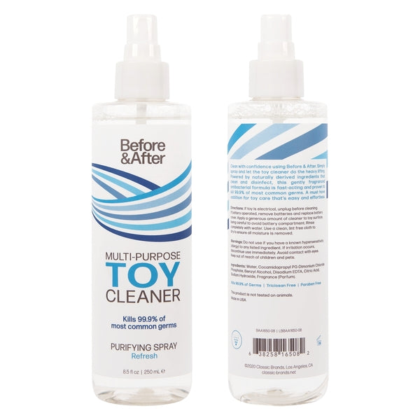 Two bottles of Before & After multi-purpose toy cleaner spray.