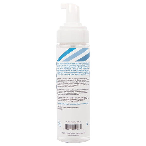 Antibacterial toy cleaner spray with blue stripes on the bottle.