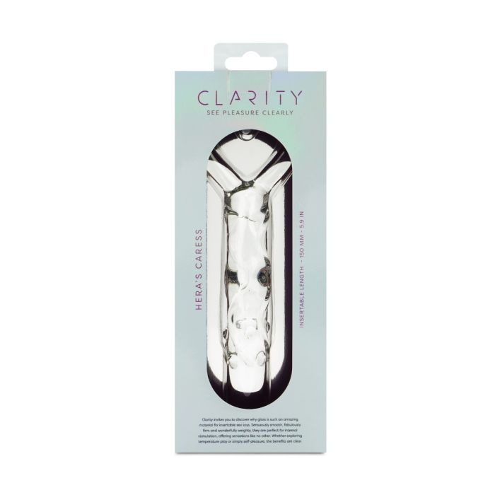 Clear glass dildo with a handle, labeled Hera's Caress.