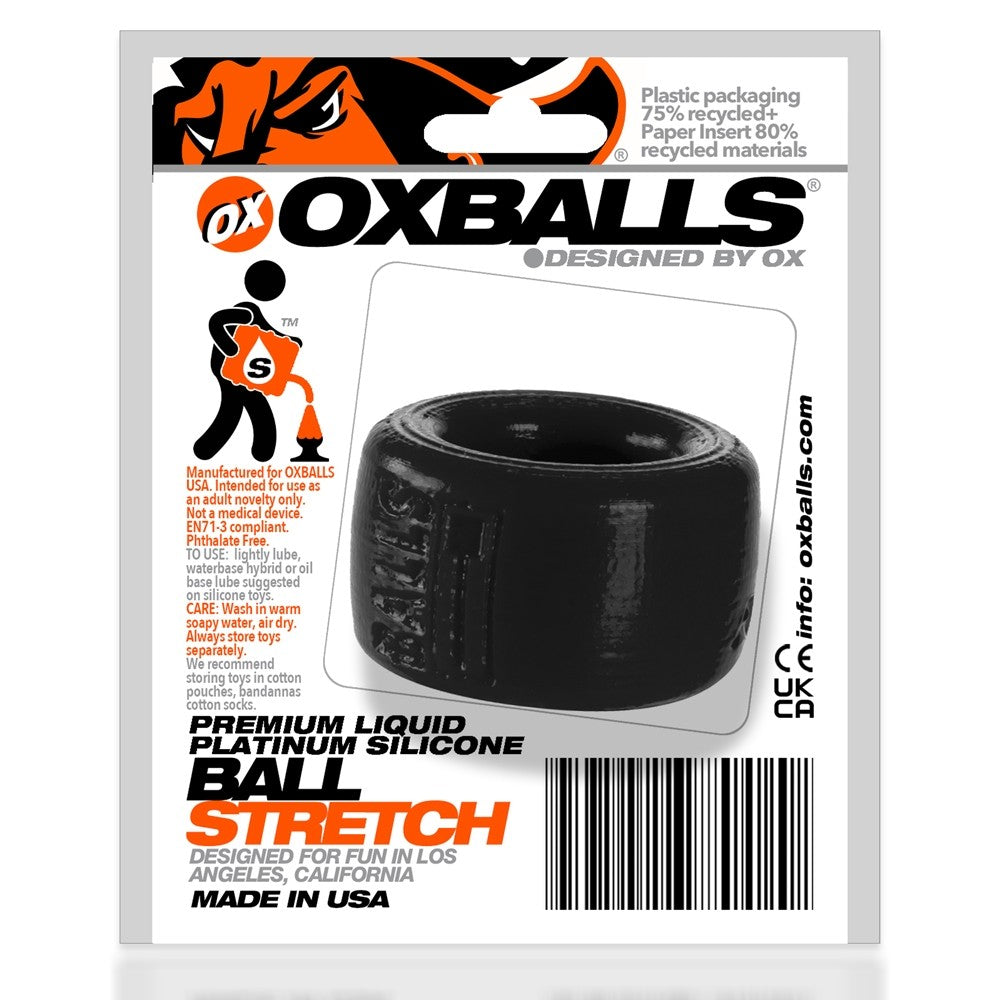 Black silicone ball stretcher ring with "Oxballs" logo.