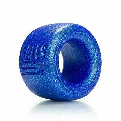 Metallic blue silicone ball stretcher ring with embossed text.