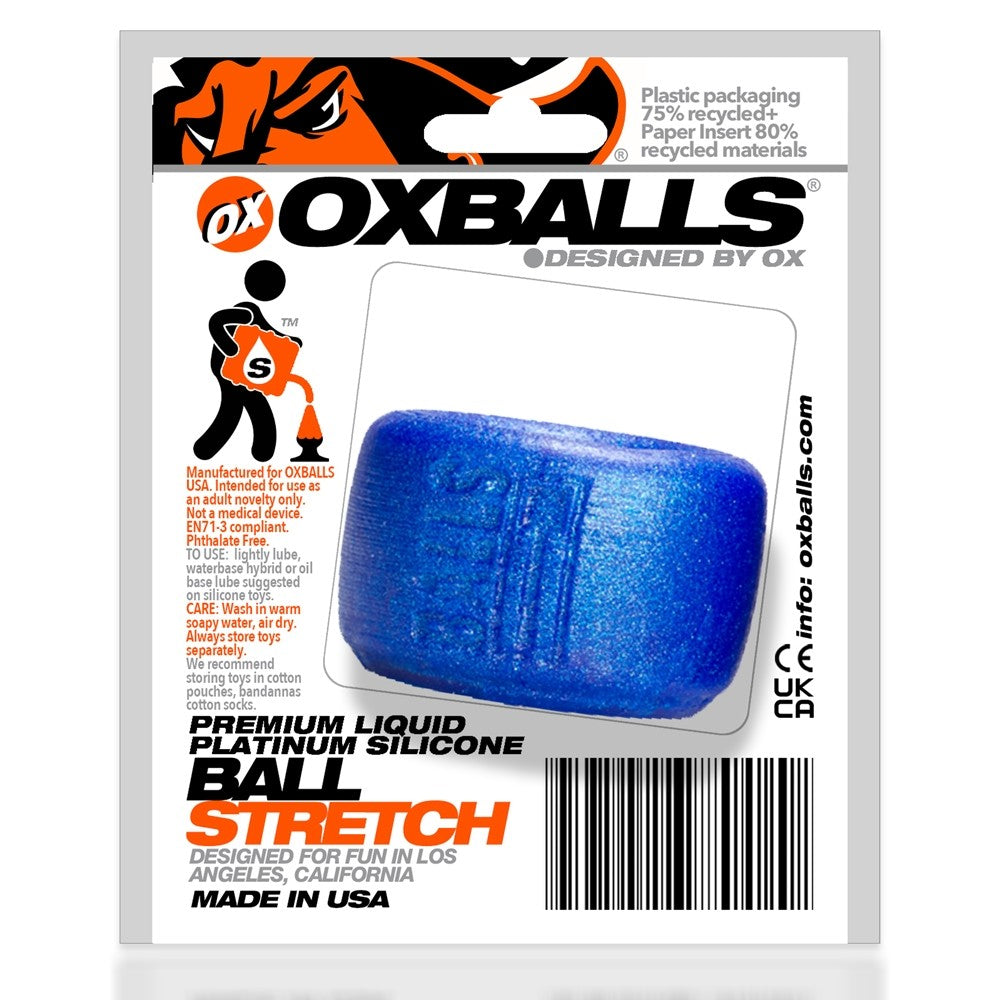 Metallic blue silicone ball stretcher with "OXBALLS" branding.