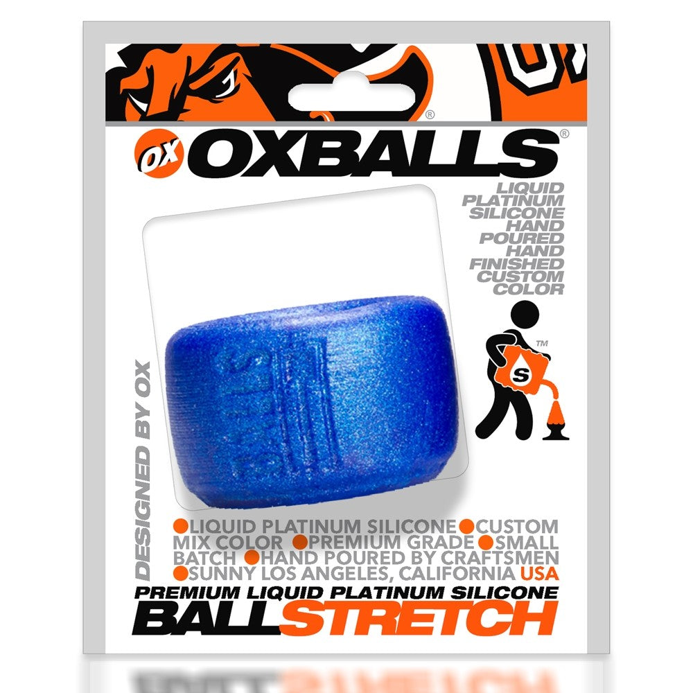 Metallic blue silicone ball stretcher ring with Oxballs branding.