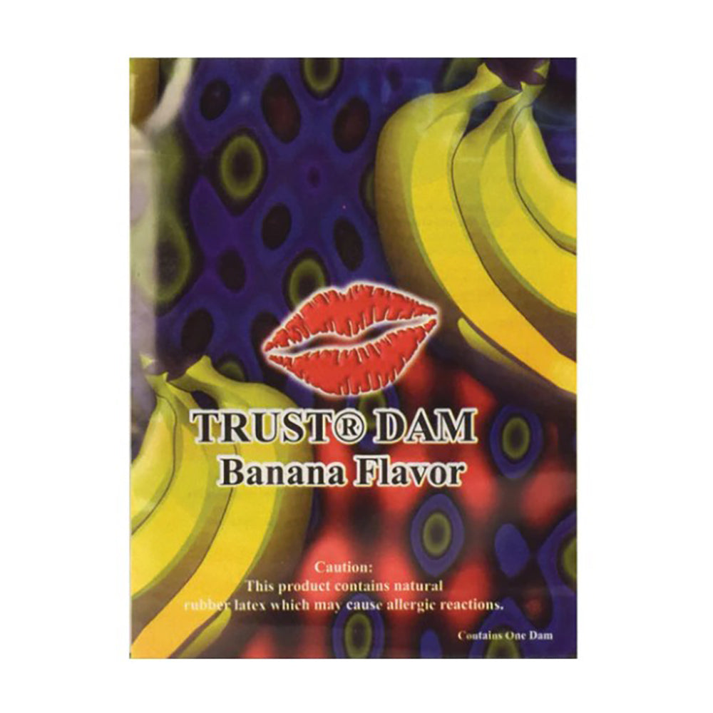 Trust Dental banana flavored latex dental dams with a kiss graphic.