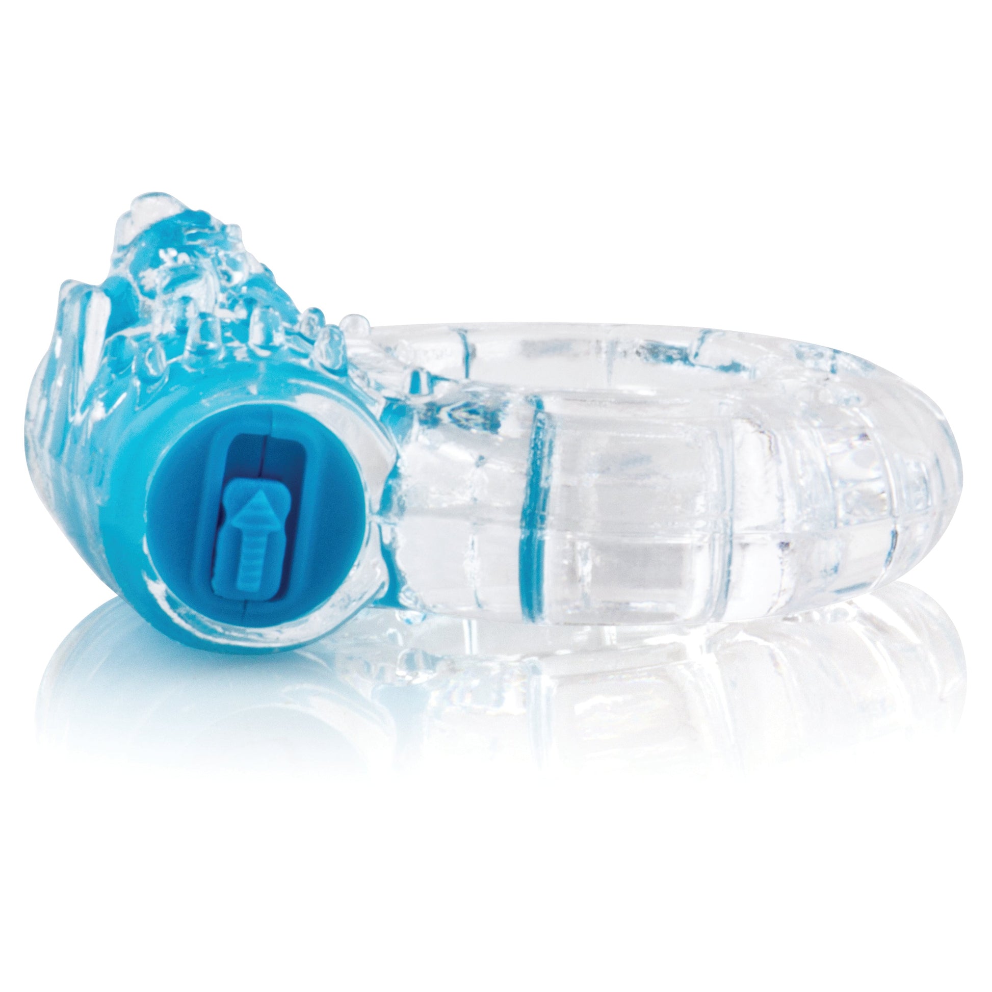 Blue vibrating cock ring with clitoral stimulator.