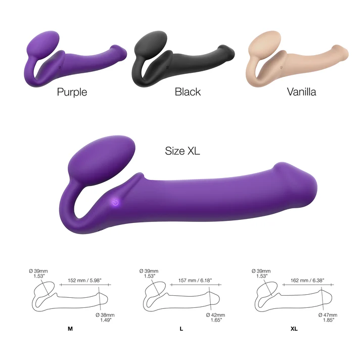 XL purple vibrating bendable strap-on with remote control.