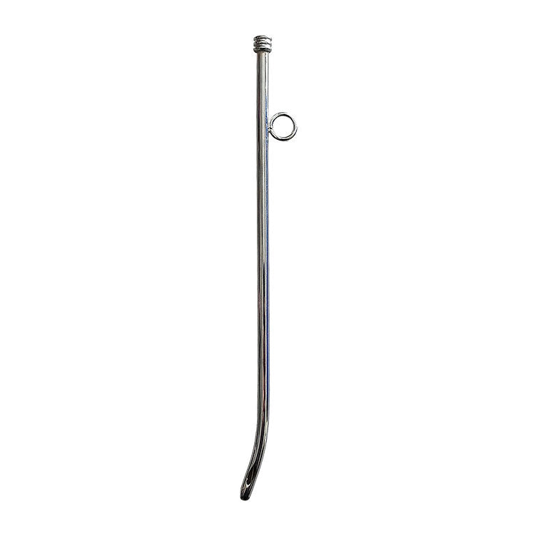 Curved stainless steel urethra sound with a ring.