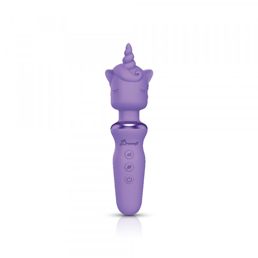 A lilac unicorn wand massager with buttons on the handle.