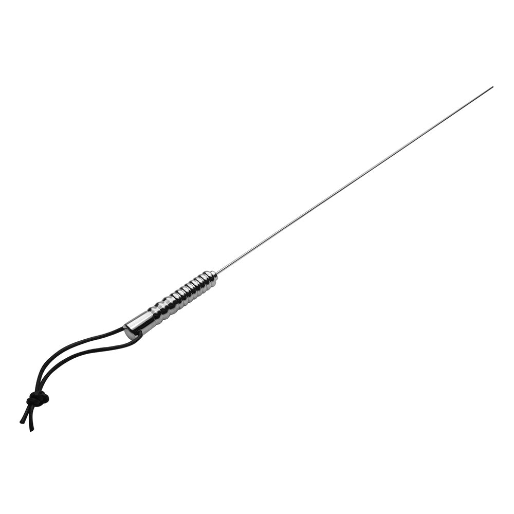 Stainless steel whipping rod with a ribbed ergonomic handle and black cord.