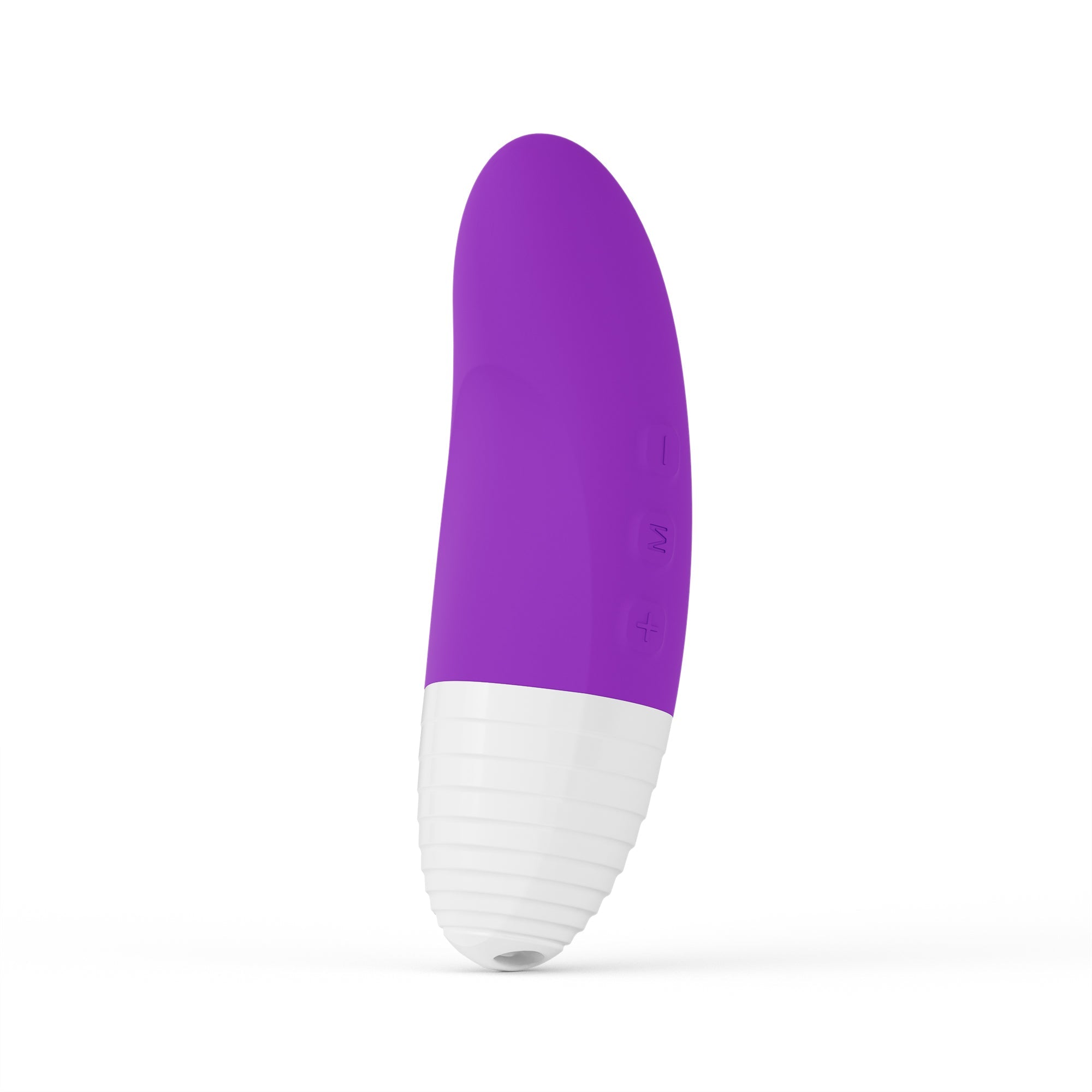 Purple and white app-controlled clitoral massager with textured base.