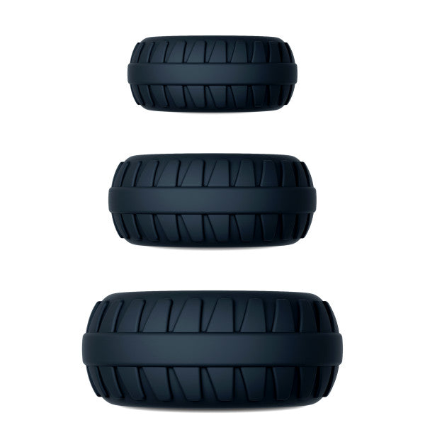 Three textured dark blue silicone cock rings in varying sizes.