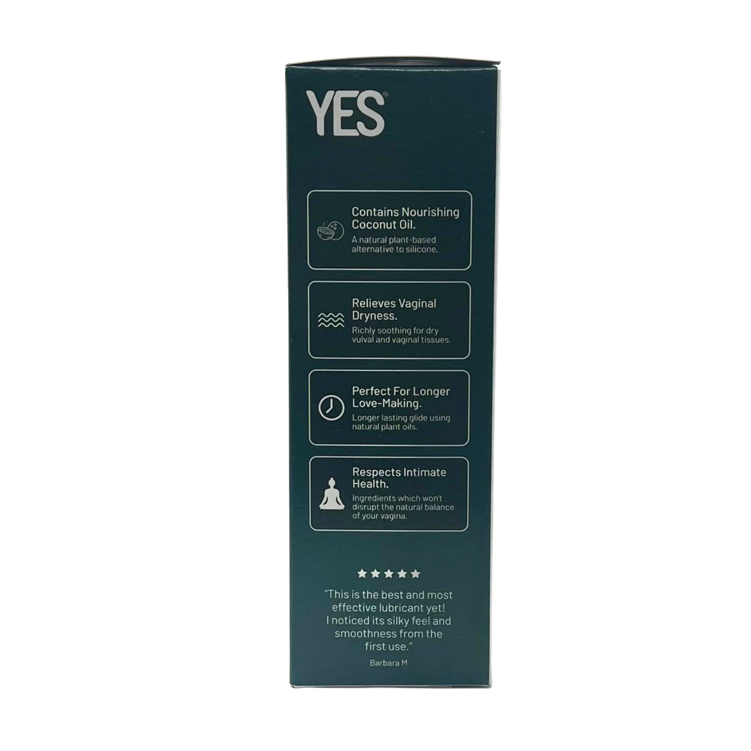 Box for YES Organic Coconut Oil Lubricant with product benefits listed.