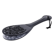 Black faux leather spanker paddle with a lace cutout and split tip.
