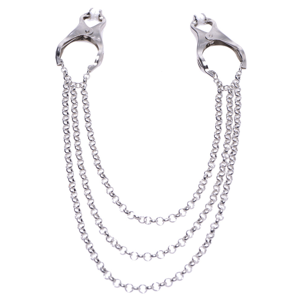 Silver triple chain nipple clamps with extreme grip.