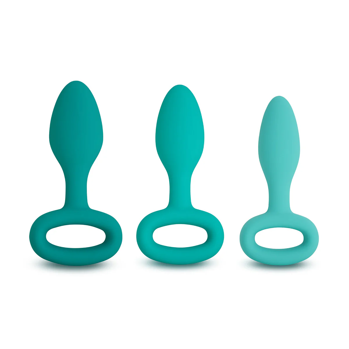 Three teal anal plugs of ascending size with loop bases.