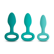 Three teal anal plugs of ascending size with loop bases.