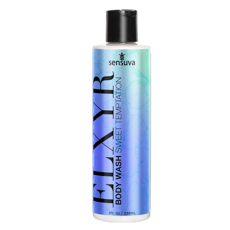A bottle of Sensuva body wash with a floral design and black cap.