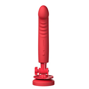 Red app-controlled vibrating suction cup dildo with adjustable base.