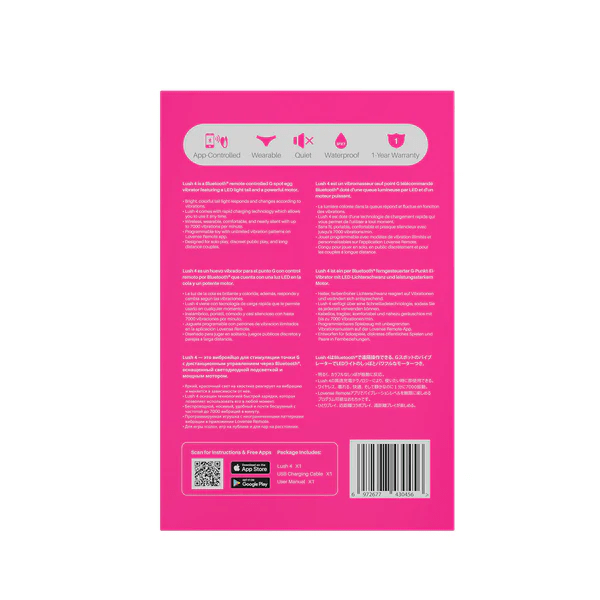 Pink Lovense Lush 4 app-controlled G-spot vibrator with icons for app control, wearable, quiet, waterproof, and warranty.