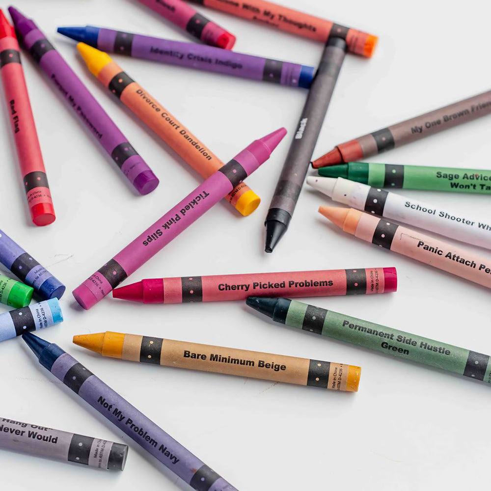 Offensive-ish adult coloring crayons with humorous names.