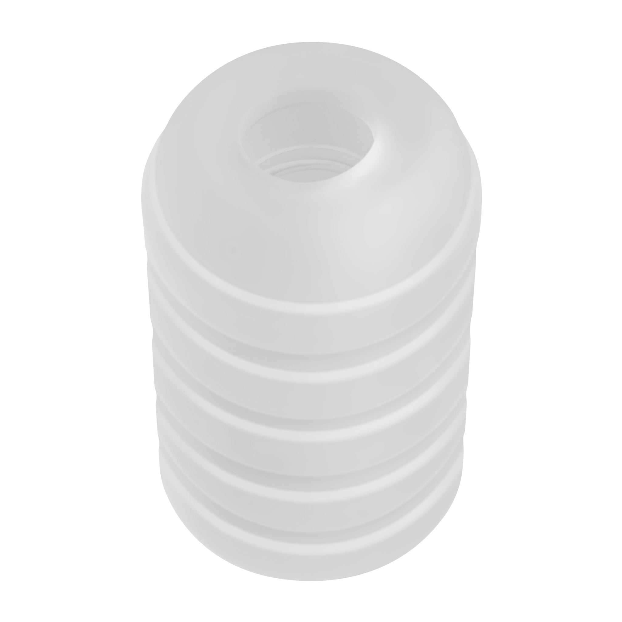 A white, ribbed TPE stroker with a vibrating C-ring.