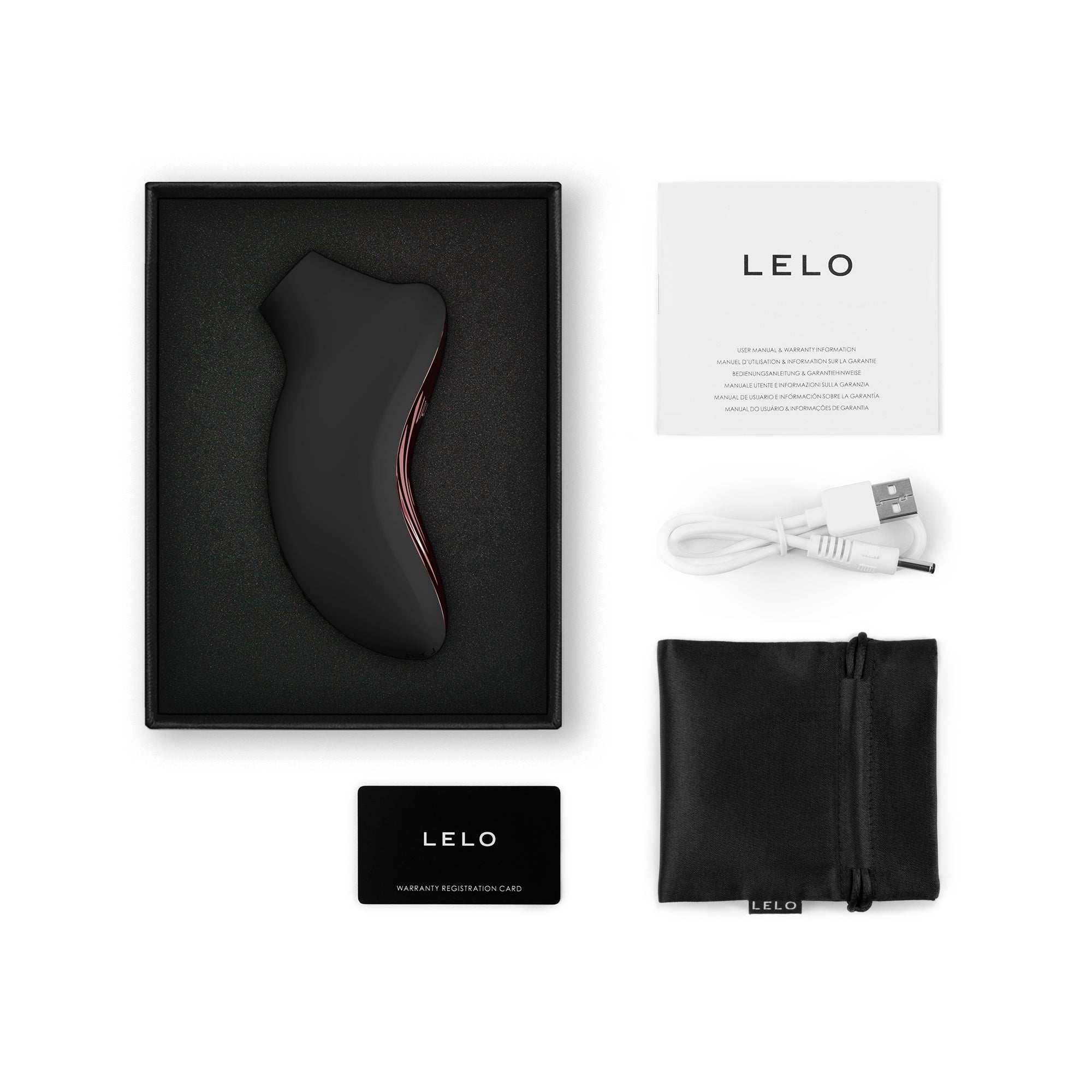 App-controlled sonic clitoral stimulator in a box with accessories.