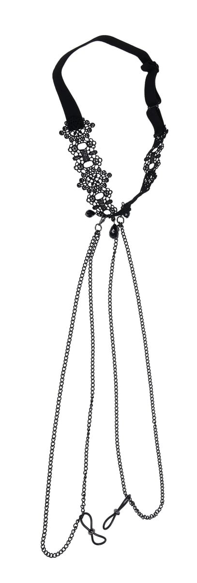 Black lace collar with adjustable chains and nipple ties.