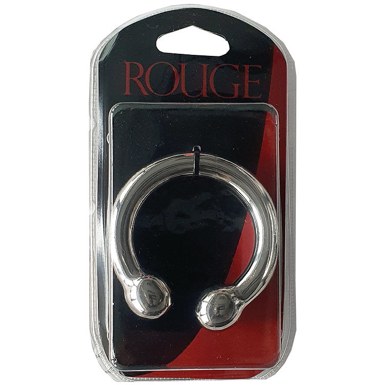 Stainless steel horseshoe cock ring with prostate stimulator in packaging.