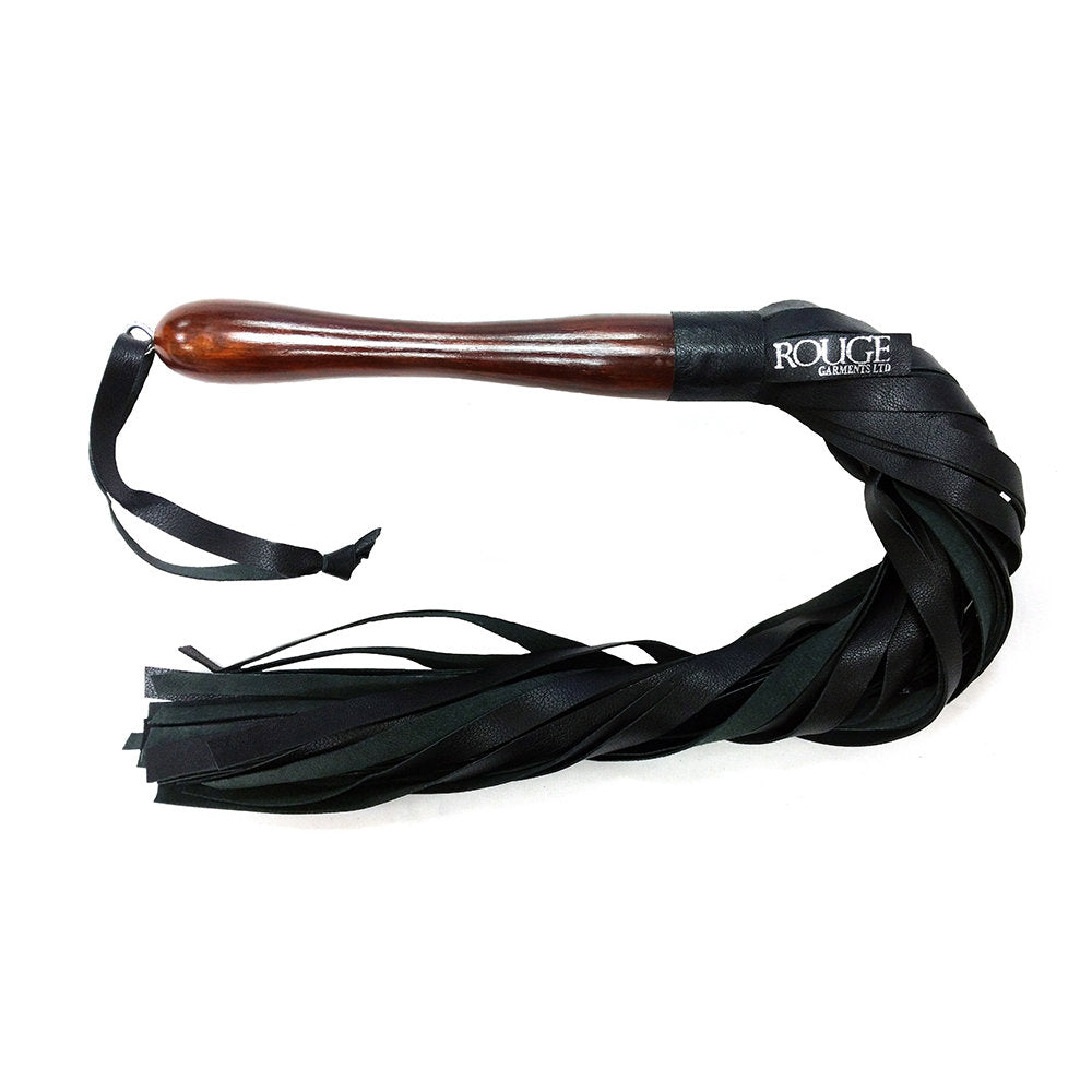 Flogger with a wooden handle and black leather falls, featuring the Rouge Garments Ltd logo.