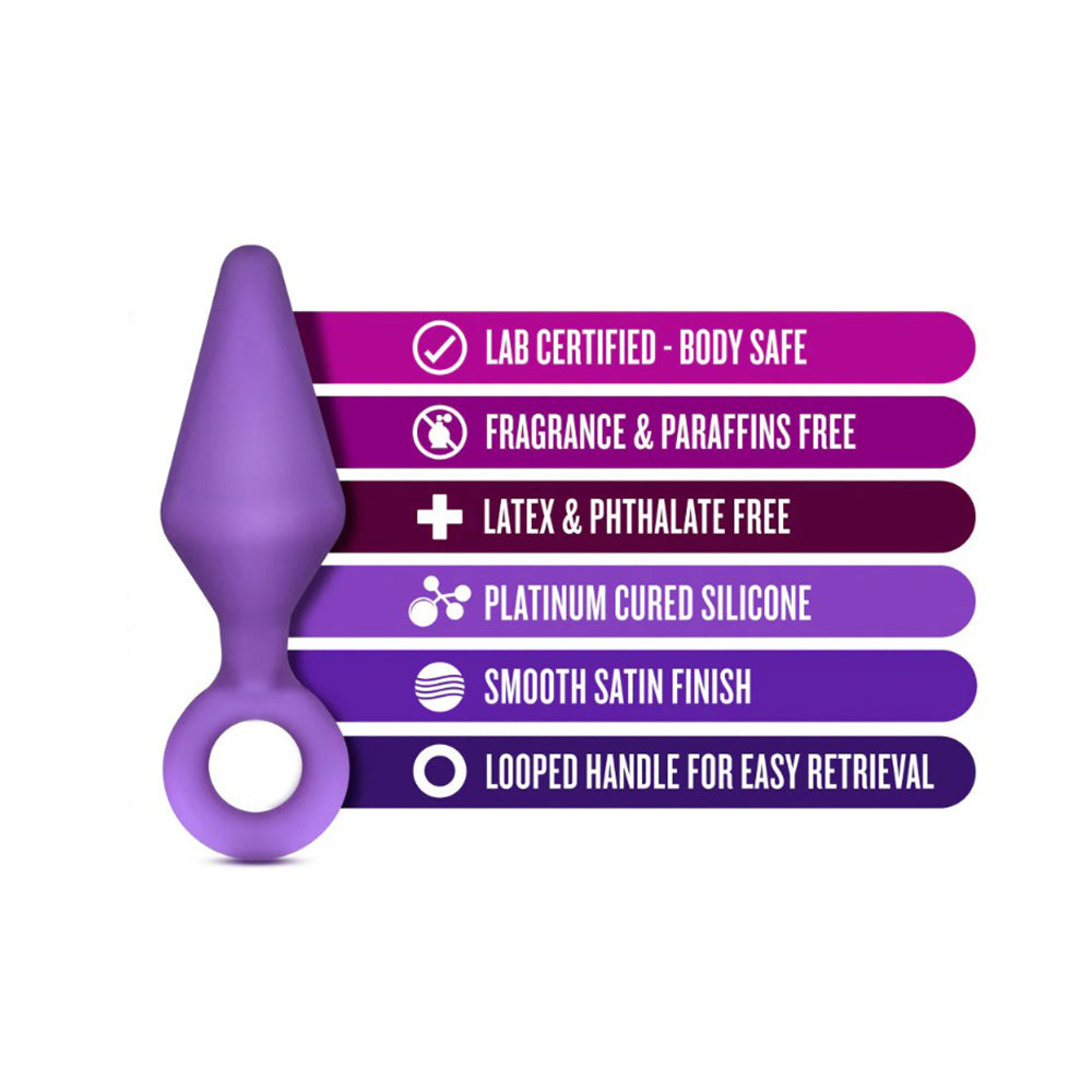 Medium purple silicone anal plug with a looped handle and body safe features.