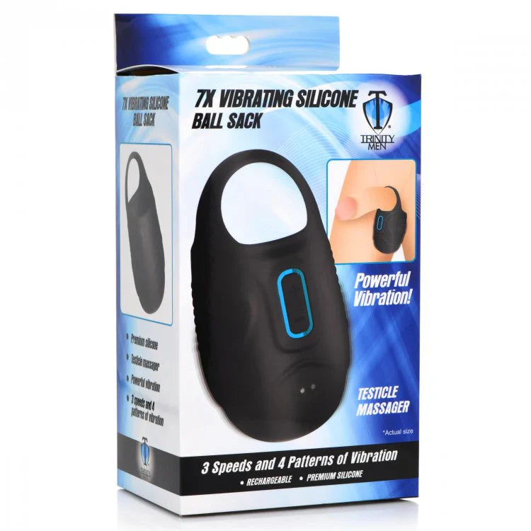Black vibrating silicone ball sack with blue accents on packaging.
