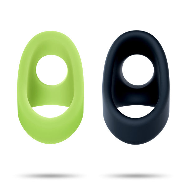 Two silicone cocksling rings, one lime green and one black.