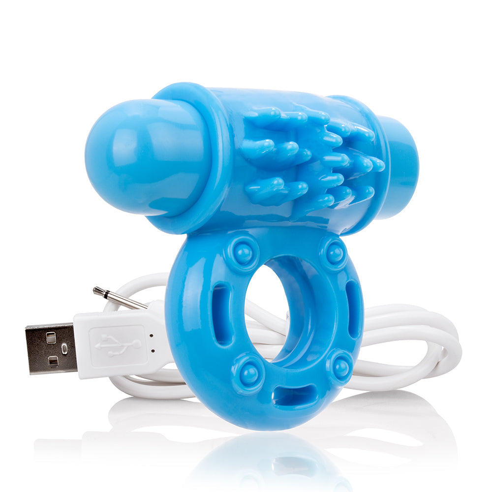 Blue rechargeable vibrating cock ring with USB cable.