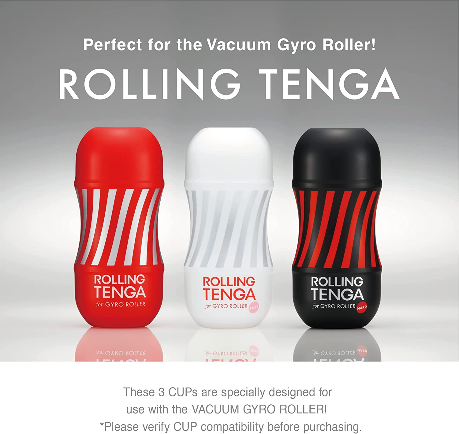 Three Tenga Gyro Roller cups in red, white, and black with striped patterns.