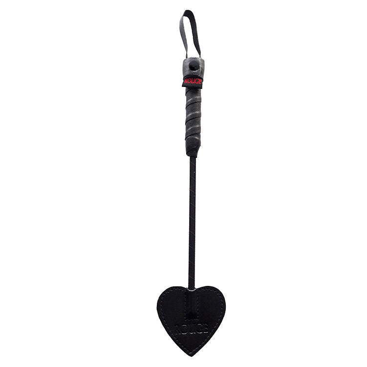 Black leather mini spade paddle crop with a loop handle.