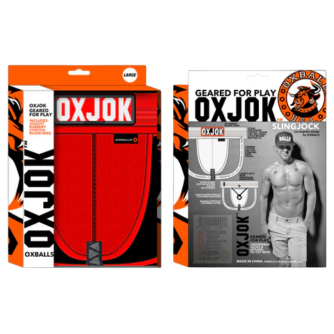Red Oxjok jockstrap packaging with a model wearing a slingjock.