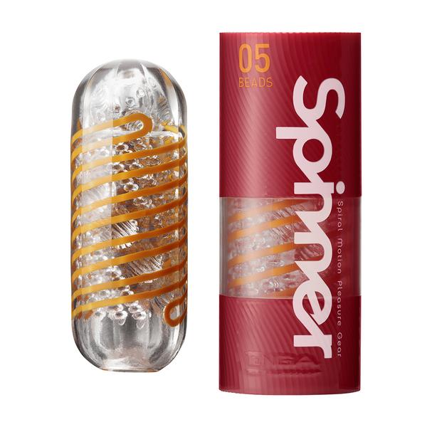 Tenga Spinner 05 Beads reusable male masturbator sleeve with orange spiral texture.