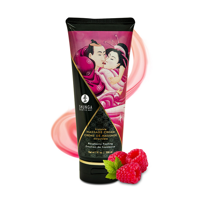 Shunga Edible Raspberry Massage Cream tube with raspberries.