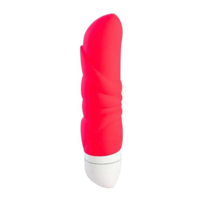 A bright pink, ridged clitoral vibrator with a white base.
