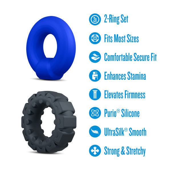 Two silicone cock rings, one smooth blue and one textured gray.