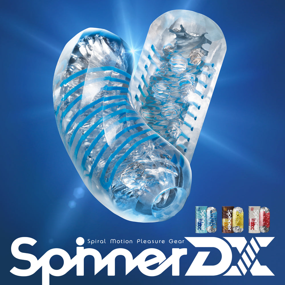 Tenga Spinner DX 01 reusable stroker with internal spiral motion and drying stand.