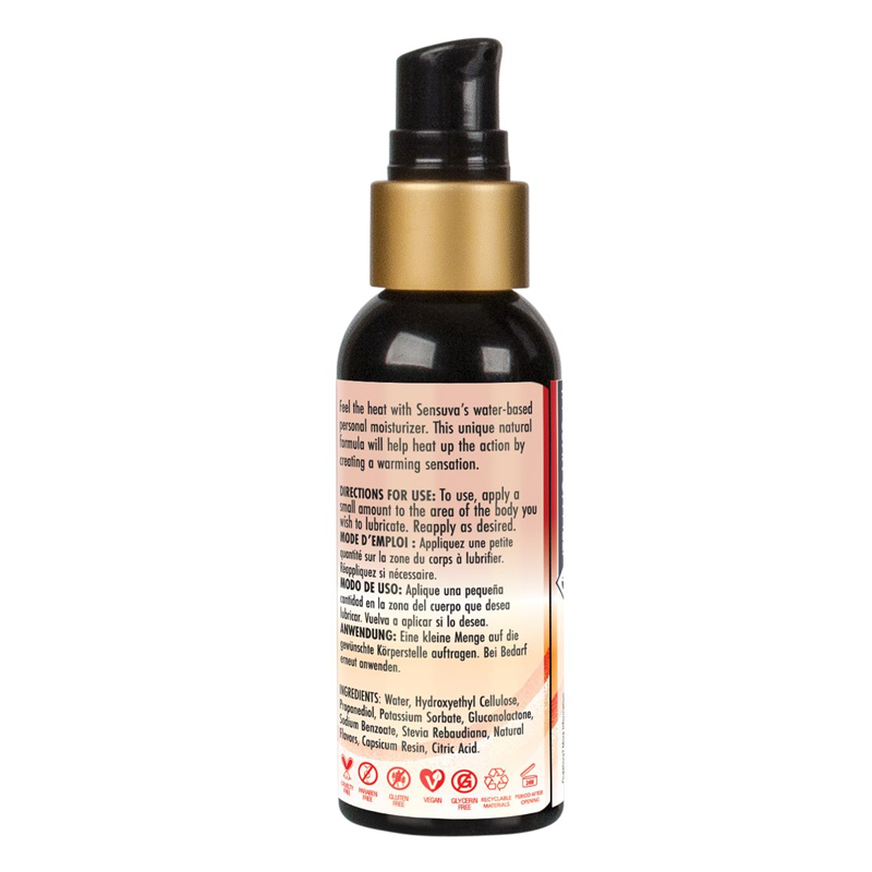 A bottle of Sensuva warming water-based personal lubricant with a black pump dispenser.