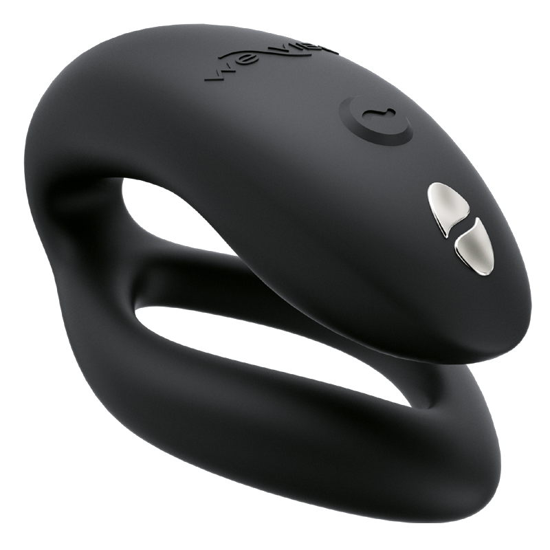 A black We-Vibe Sync O couples vibrator with two silver buttons.