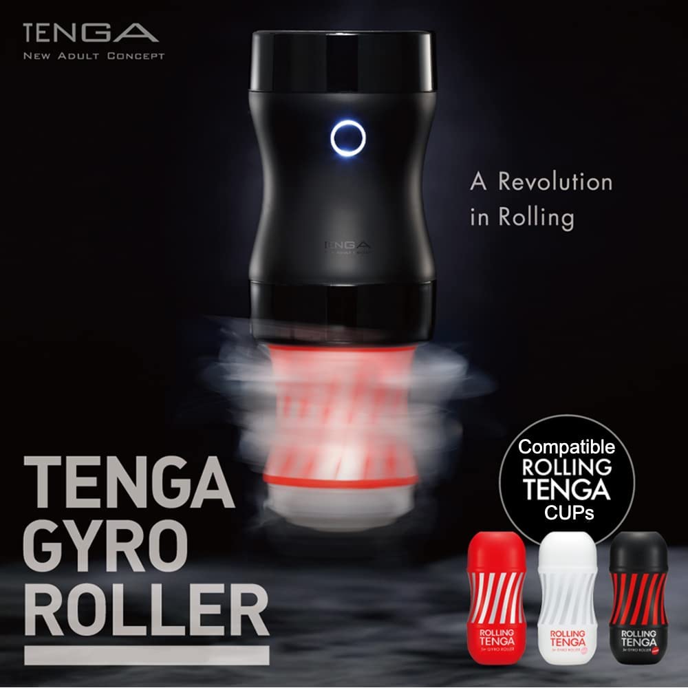 Tenga Gyro Roller Strong male masturbator cup in red with three compatible cups.
