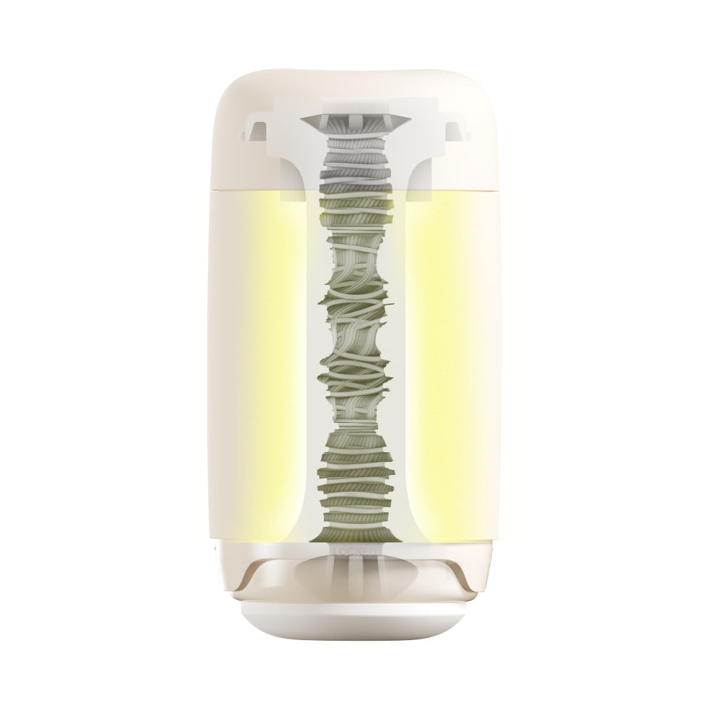 Tenga Puffy Soft Stroker with internal textured sleeve and yellow liquid.