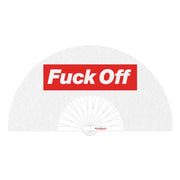 Glittery white folding hand fan with "Fuck Off" text.
